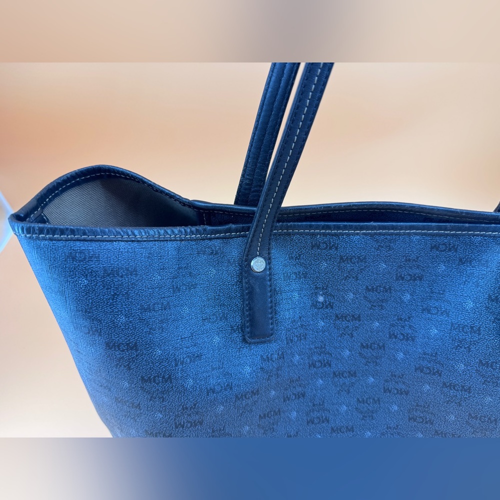 MCM Navy Blue Black Visetos Coated Canvas and Leather Open Tote - Picture 10 of 16